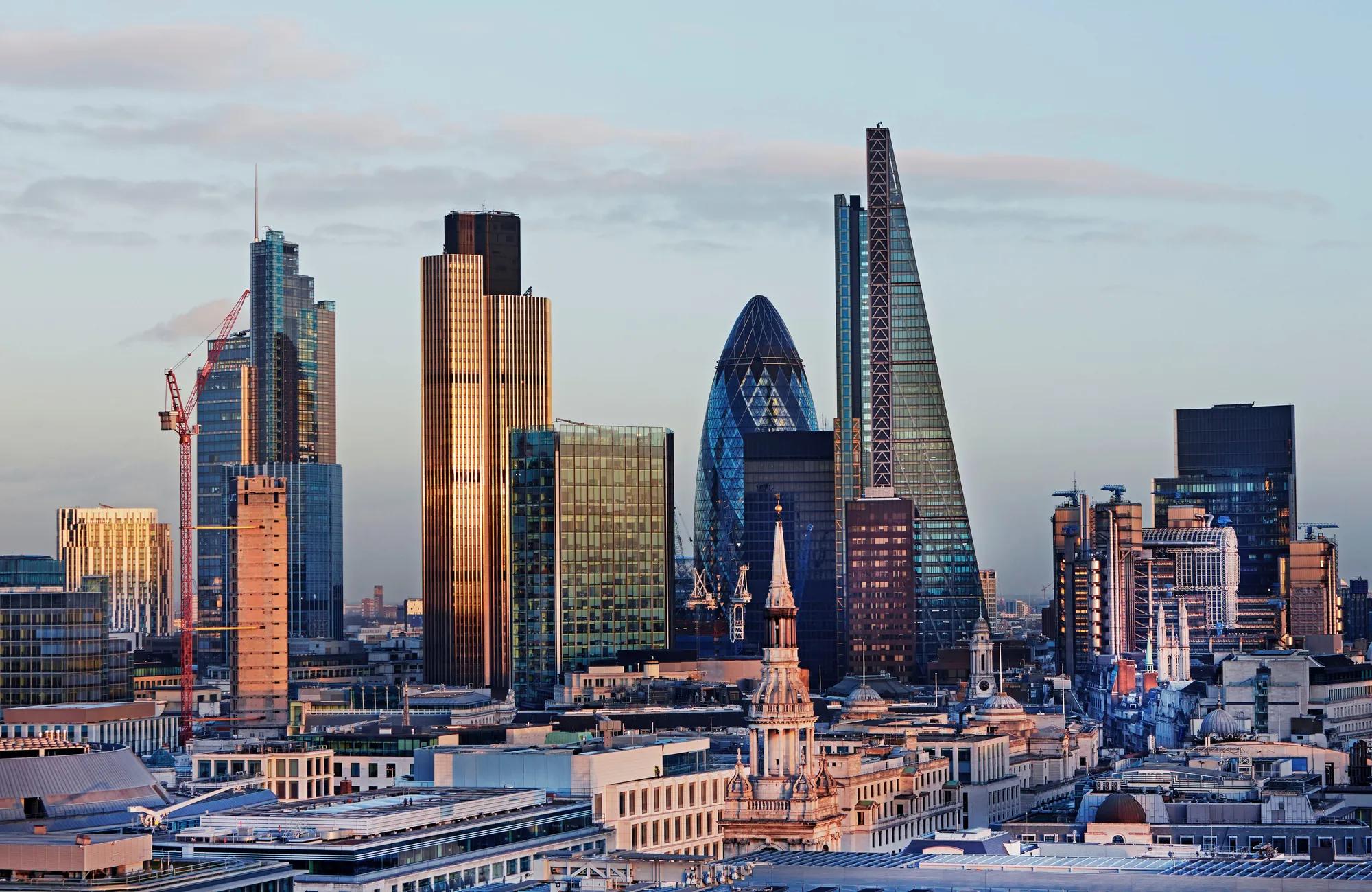 Elevated view of the City of London at dusk