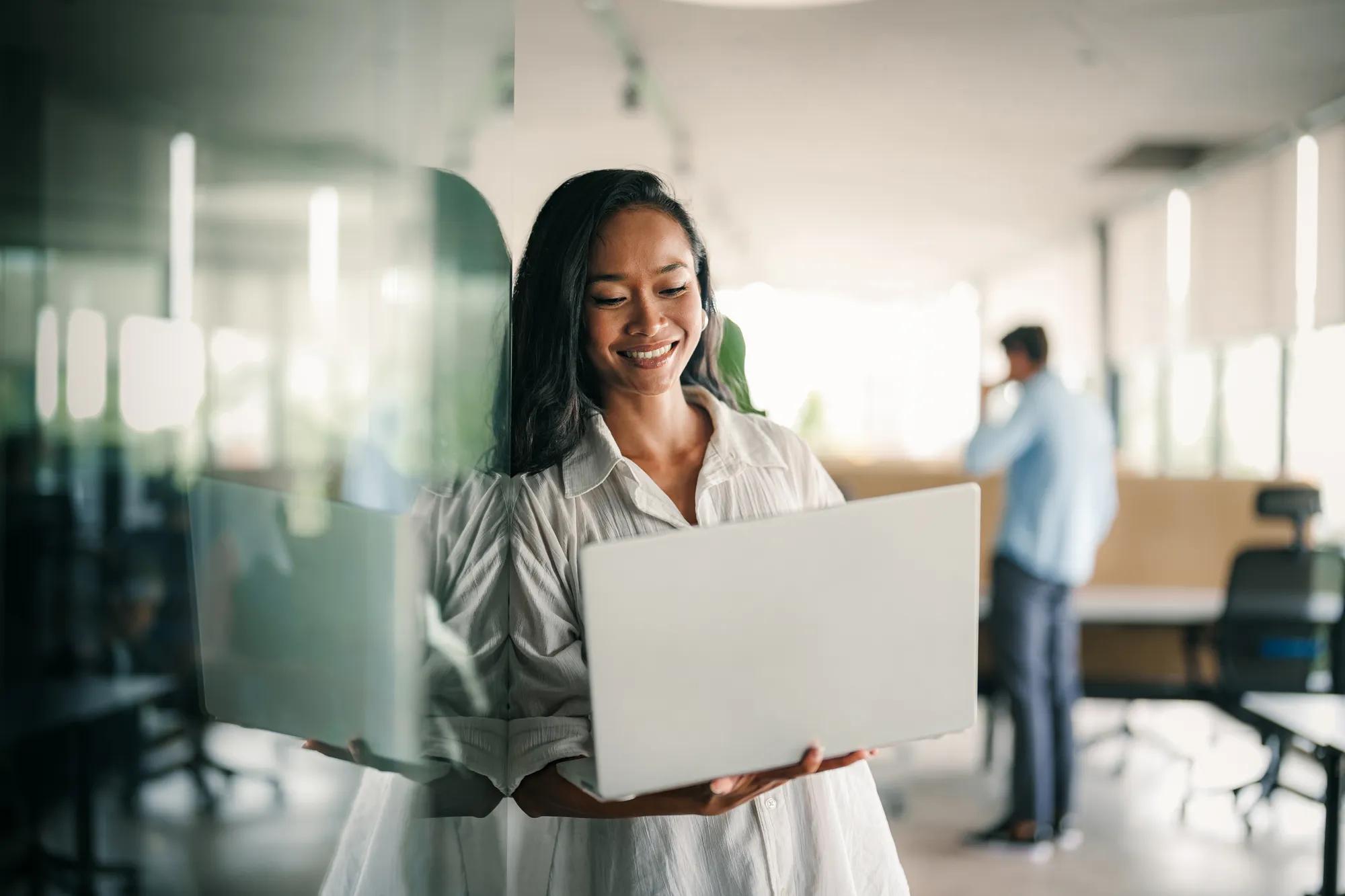 Professional business woman, female programmer thinking on online investment or software development
