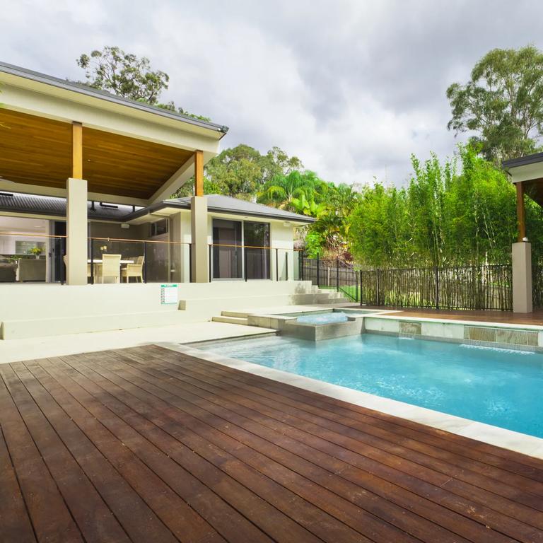 Modern backyard with entertaining area and pool in stylish Australian home